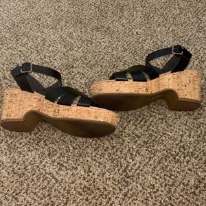 Black Strappy Cork Wedge Sandals 7.5
